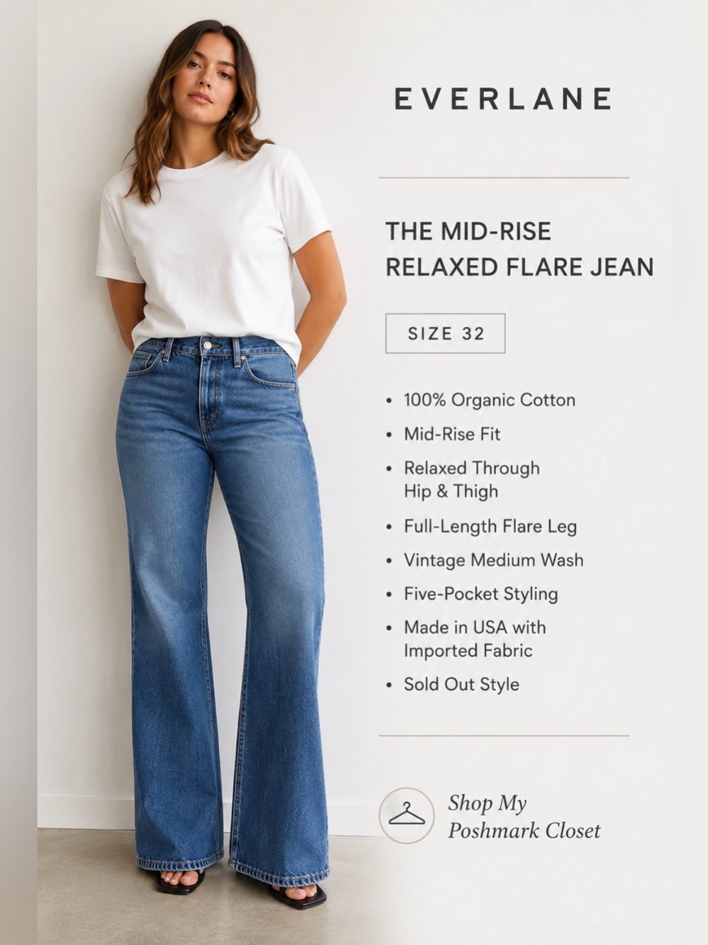 New Everlane THE MID-RISE RELAXED FLARE Size 32